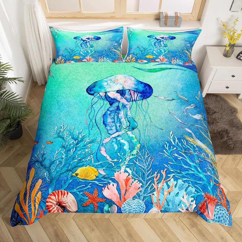 3D Octopus Sea Turtle Duvet Cover Retro Sailboat Crab Reptile Bedding Set Marine Mediterranean Style Jellyfish Comforter Cover