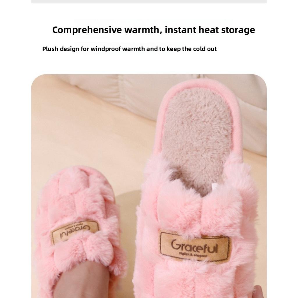 Hexagonal Leather Label Plush Slippers for Home Use, Thick Bottom, Warm and Non Slip Cotton Mop, Thickened and Plush