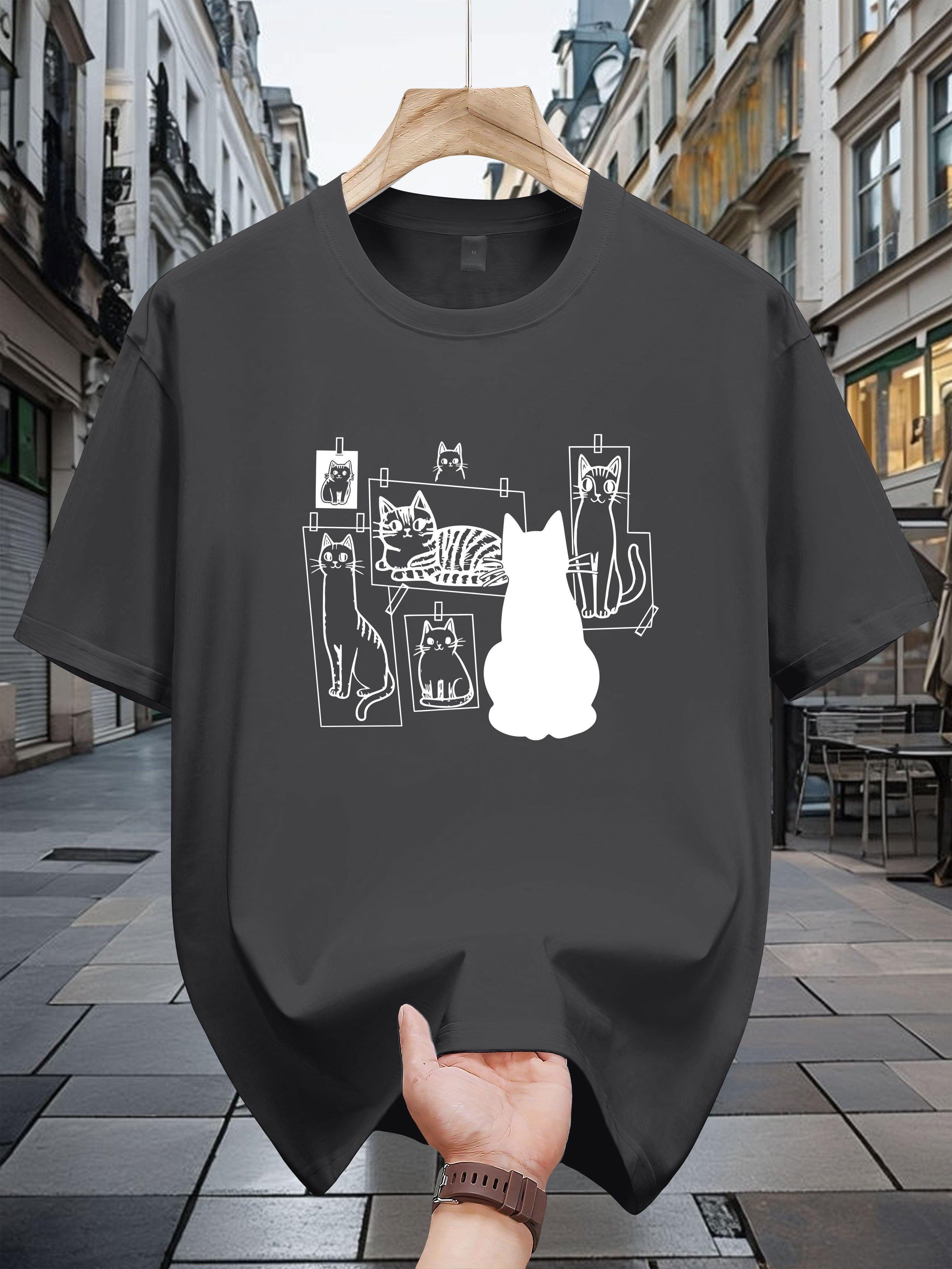 200g 100% Cotton Cat Print Short Sleeve T-shirt - Black with White Graphic XXXL