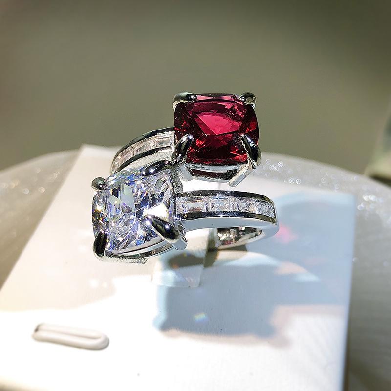 Sølv høyoppløselig prinsesseslipt firkantet ring mote rosa zirkonium moissanitt åpning dame ring fest bursdagsgave