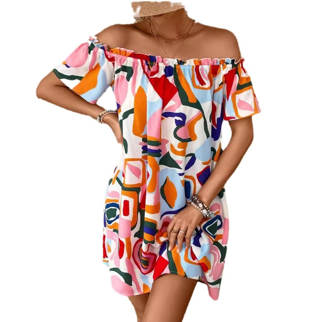 Elegant Women Tropical Print Off Shoulder Dress Tropical Style Mature Style French Retro Patchwork Slim Sexy Elegant Women Maxi Dress S