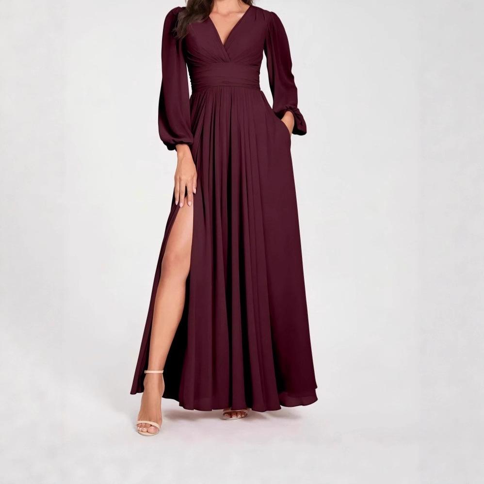

Autumn/Winter 2025 V-Neck Slit Long Sleeve Pleated Elegant Women s Dress XXXL