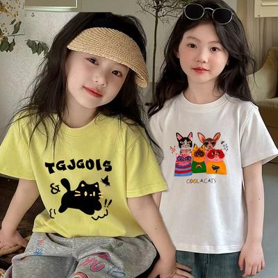 Summer Girls Pure Cotton Ice Silk T Shirt Cute Cartoon Round Neck Short Sleeve Top Fashionable Kids Tee