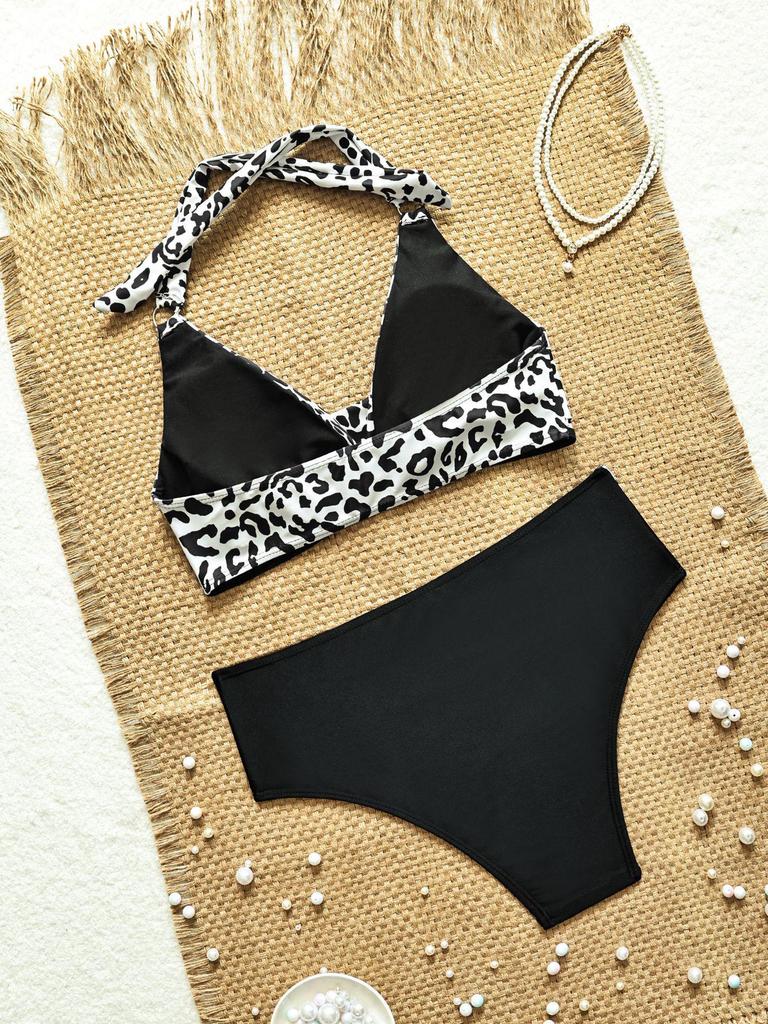 2026 European & American Leopard Print High-Waisted Two-Piece Bikini for Women – Stylish Swimwear