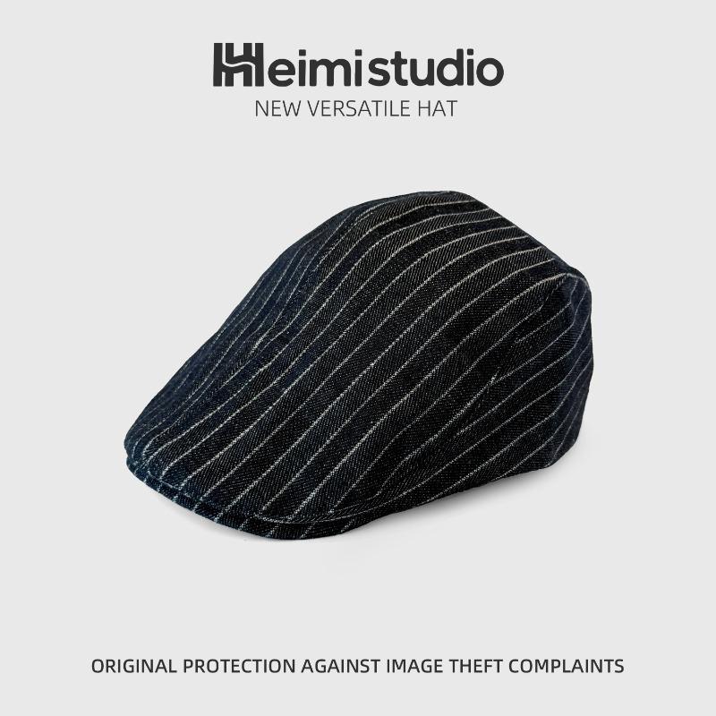 25 early autumn new striped retro forward hat women's vintage big head circumference duckbill hat beret tide
