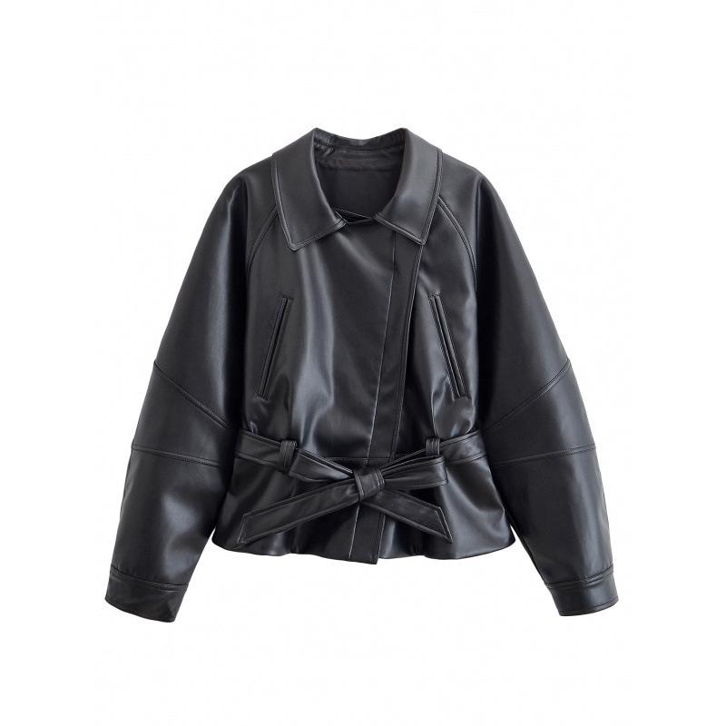 

Trendy Women s Casual Black Short Leather Windbreaker - European & American Style Medium чорний