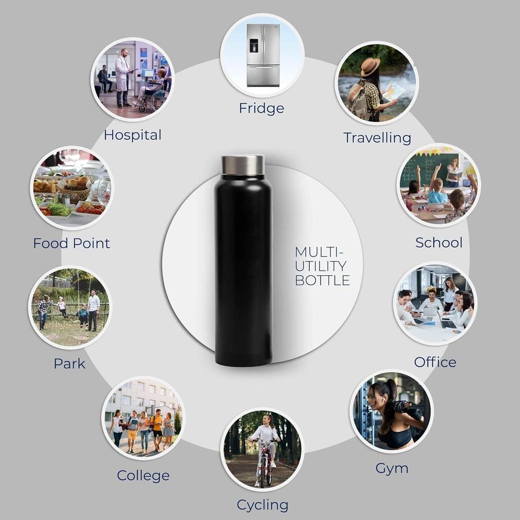 Stainless Steel Water Bottle 1 Ltr For Kids, Boys, Girls, 1 Litre Bottles for Gym, Sports, Fridge Use, School & Office (Steel Cap - Set of 1, Black)