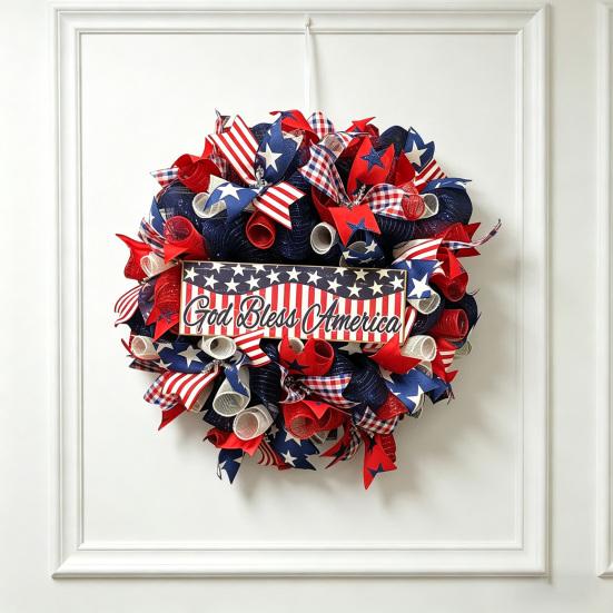 Patriotic Wreath for Front Door Handmade 4th of July Door Hanger Red White Blue American Wooden Hanging Plaque for Wall Porch Memorial Day Decor