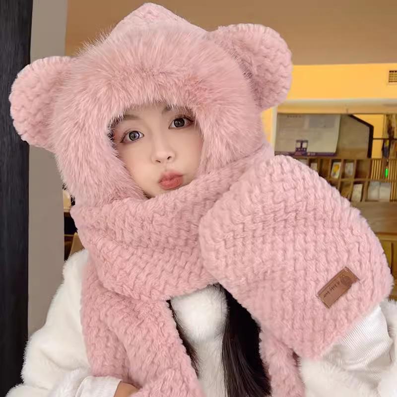 Women's Cute Bear Winter Set: Thick Velvet Hat, Scarf, and Gloves for Warmth.