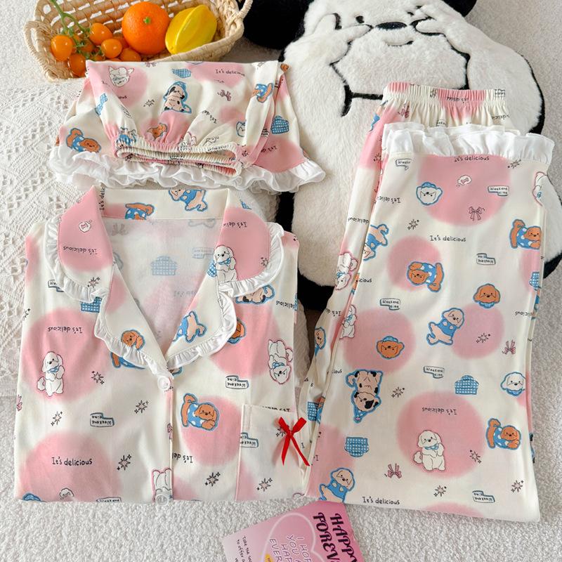 Sweet Puppy High-value Imitation Cotton Edge Pajamas Women's Summer Casual Short-sleeved Three-piece Loungewear