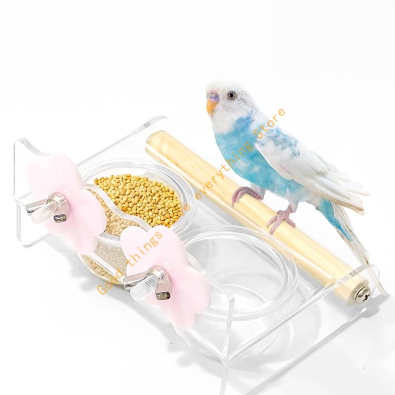 55KF Acrylic Double Feeding Cup Bird Feeder And Water Bowl With Perch Stand For Parrots Cockatiels Lovebirds Cage Accessories