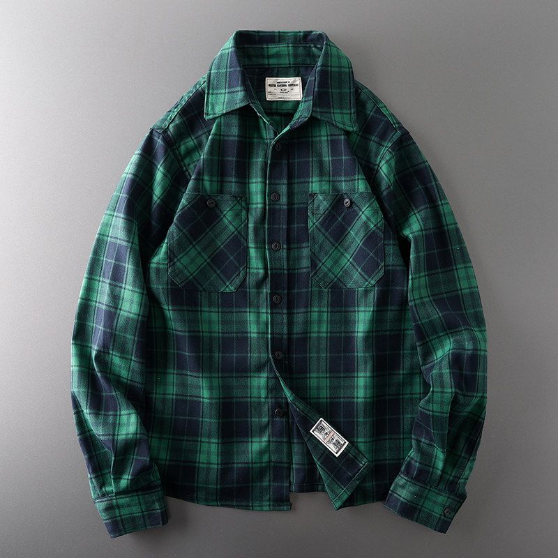 Export Original Tail Single Cut Label Amekaji Heavy Weight Pure Cotton Gingham Shirt Men s Long Sleeves Men s Wear Workwear Shirt Coat Green Plaid L