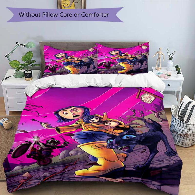 3pcs Coraline (7) Design Cover Set - HD Printed Bedding with 1 Cover and 2 Pillowcases - Perfect for Home and Dorm Decor