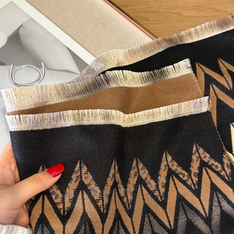 Scarf Women's Winter High-grade Imitation Cashmere Double-sided Geometric Stripes Warm and Cold-proof Large Shawl Versatile Scarf