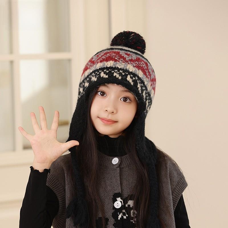 Kids Winter Knit Earflap Hat With Pom Pom For Outdoor Snow Play And Cold Weather
