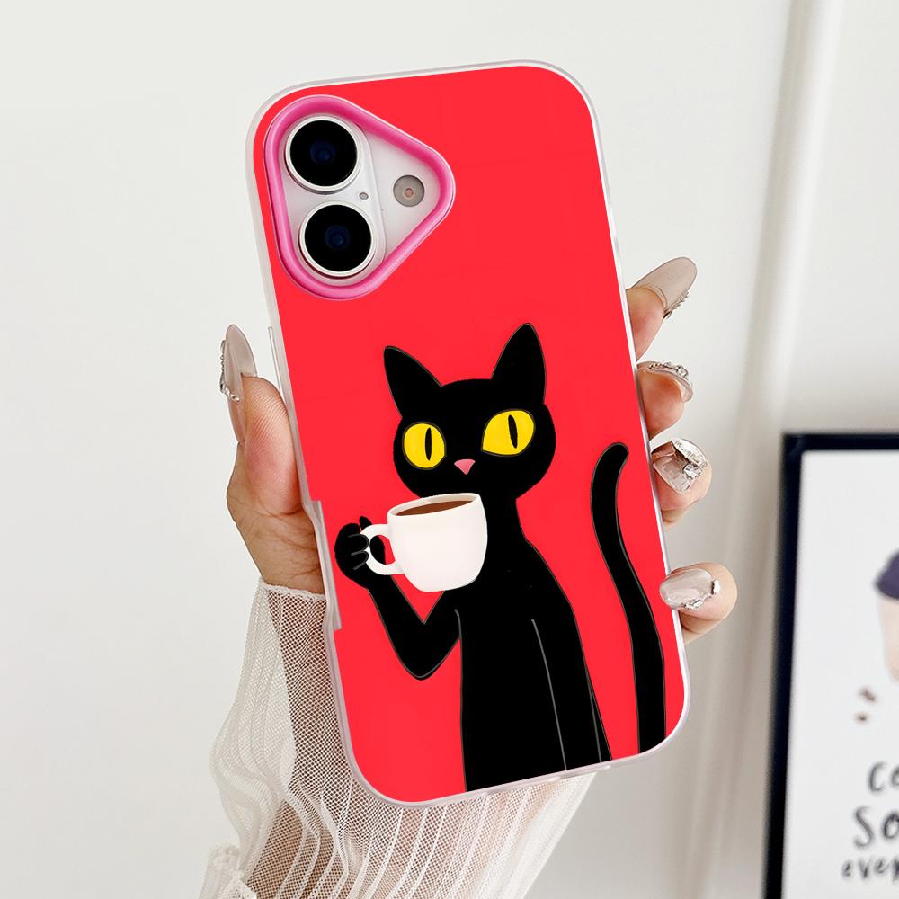 Cute Coffee Cat Jelly Double layer Rose Red Mobile Phone Case for iPhone 17 16 15 14 13 12 11 Air Pro Max Plus Protective