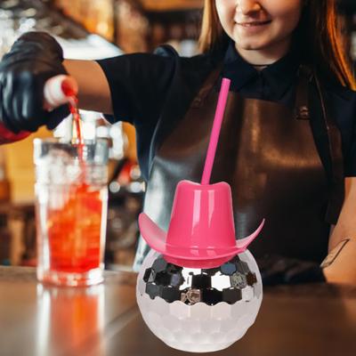 600ml Drinking Cup Food Grade Shiny Cowboy Hat Design 20oz Nightclub Bar Party Disco Ball Cup with Straw Household Supplies