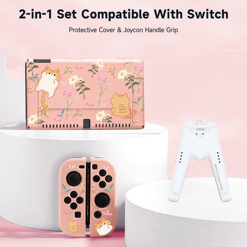 1 Piece Orange Cat and Flower Protective Case with 1 Gamepad Grip for Switch NS/Oled, Drop and Scratch Resistant