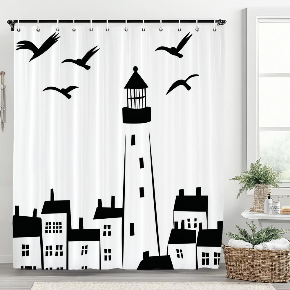 Simple Ocean Lighthouse Style Printing Shower Curtain, Bathroom Decorative Shower Curtain, Waterproof Shower Curtain with Hooks