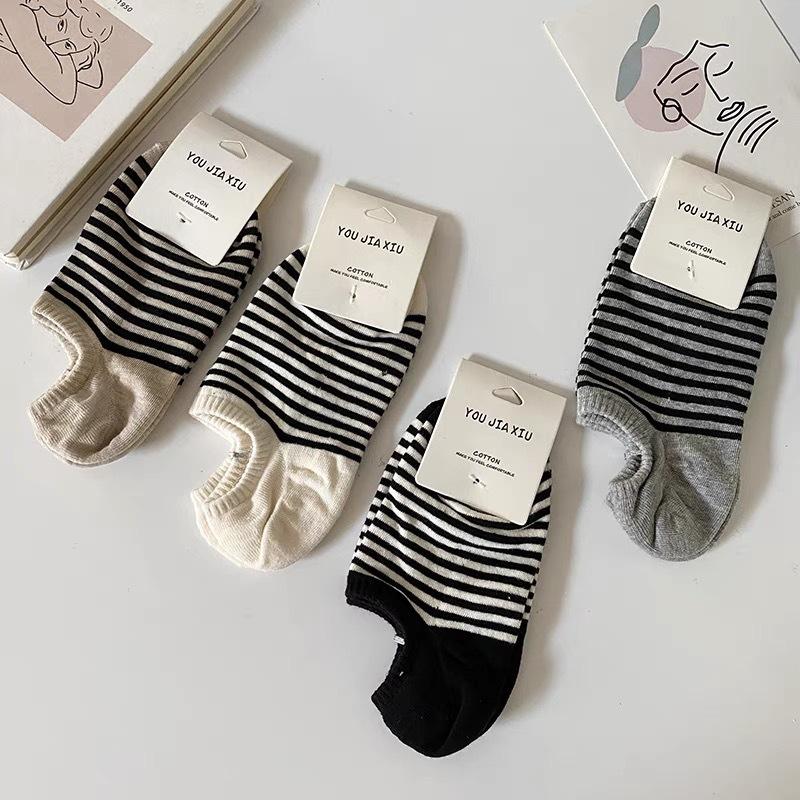 Striped Boat Socks Women'S Summer Thin Trendy Cotton Socks Polka Dot Non-Slip Invisible Short Socks Summer Versatile