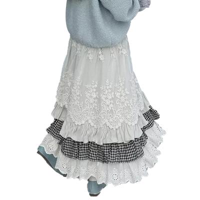 LAVASEON Cute Long Skirt with Lace and Floral and Embroidered Tiered Check Mori Girl High Winter Ruffles, Women's Mass-Produced School-Style Skirt,