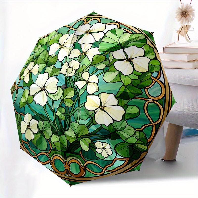 Stained Glass Window Panel with White Flowers and Green Leaves Decorative Artwork for Home or Garden Decoration (Circular) Umbrella, Hallo