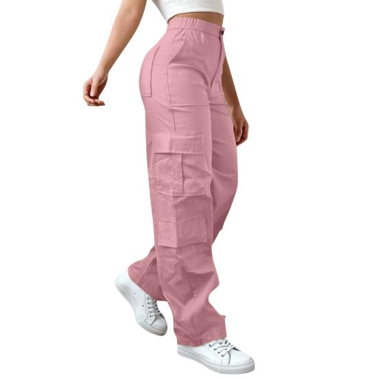 

Women Pants Mid-rise Elastic Waist Wide Leg Casual Trousers with Multi Pockets Pure Color Loose Fit Long Pants Office Daily M розовый