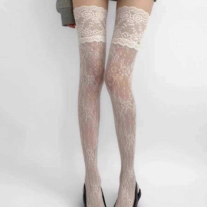 New Women Flower Lace Fishnet Thigh High Stockings Japanese Style JK Girl Sweet Lace Trim Frilly Over Knee Long Socks