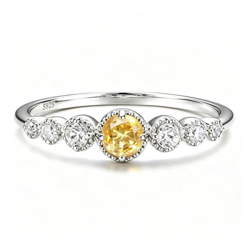 S925 Silver Zodiac Ring with Yellow Crystal, Sapphire, and Multi-colored Gemstones - Versatile Stackable Design.