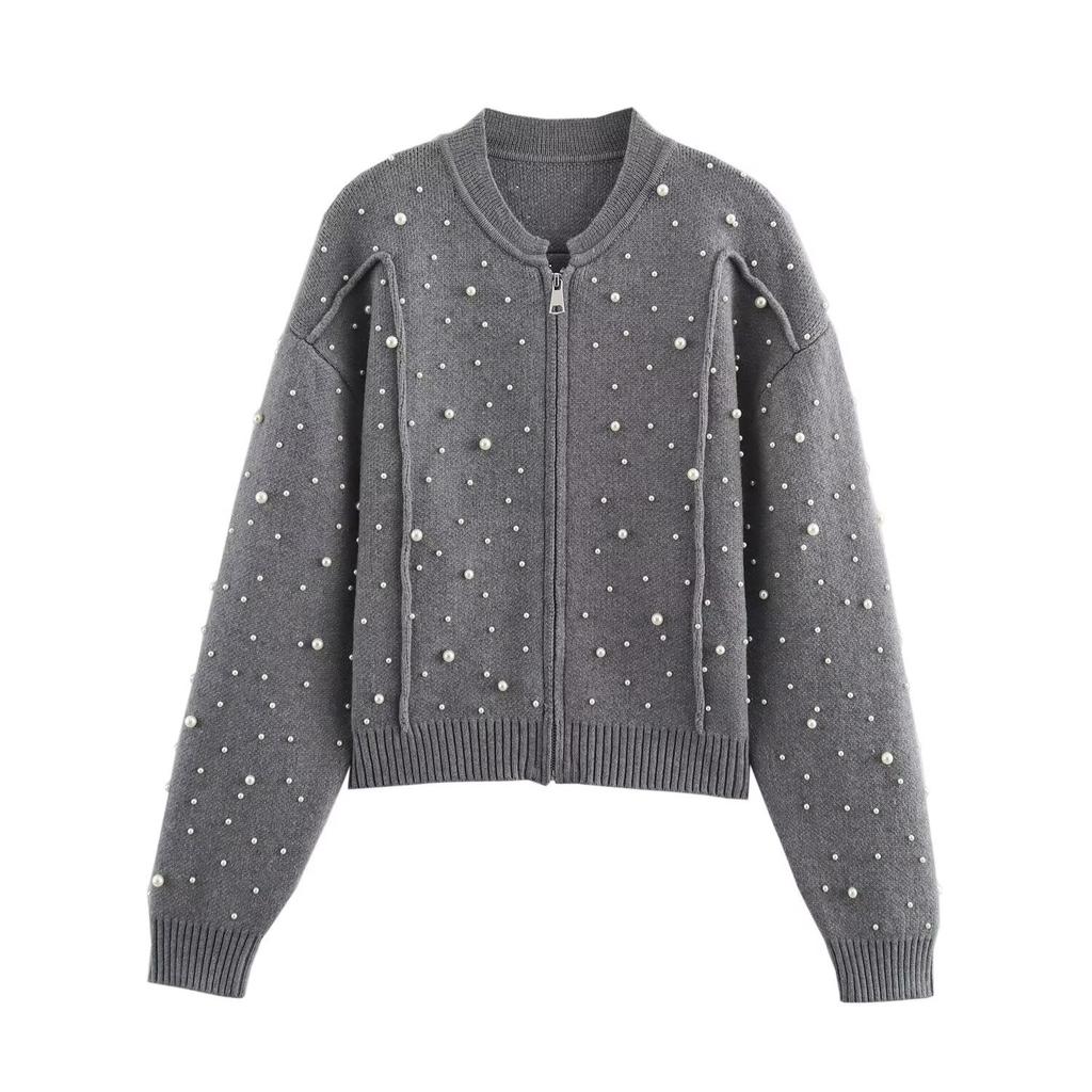 European and American style, new women's clothing, fashionable, casual, pearl knitted flight jacket