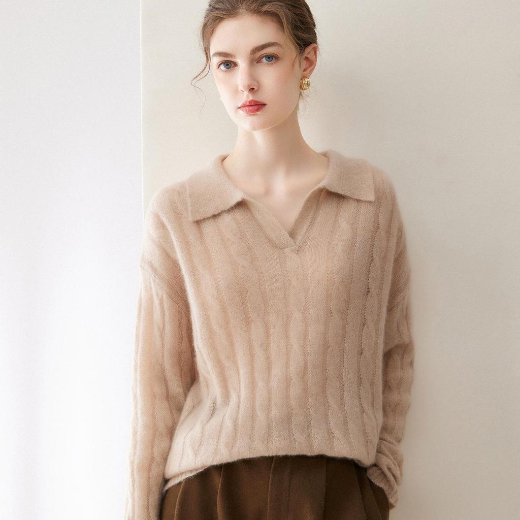 Women's Cashmere Cable Knit Sweater - New Lapel Style, Loose Fit, Autumn/Winter Versatile Top in Pink, Purple, and Light Blue.