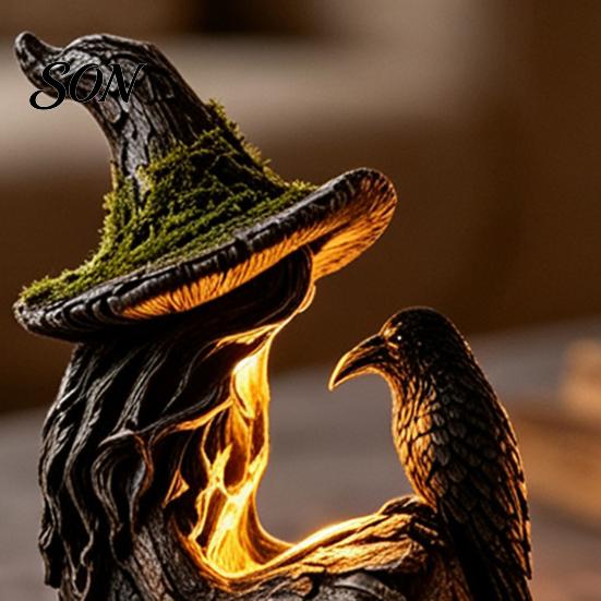 Creative Housewarming Gifts Luminous Witch & Raven Figurine with Mossy Tree Texture, Resin Gothic Dark Aesthetic Room Accessories Statue LED Light for