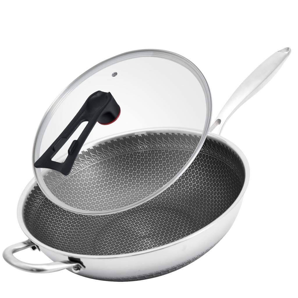 Wang Yuanji Stainless Steel Frying Pan, 32cm Deep, with Lid, Wok, Stir-fry Pan, Honeycomb Structure, Hexagonal Shape, Textured Surface, Non-stick, IH