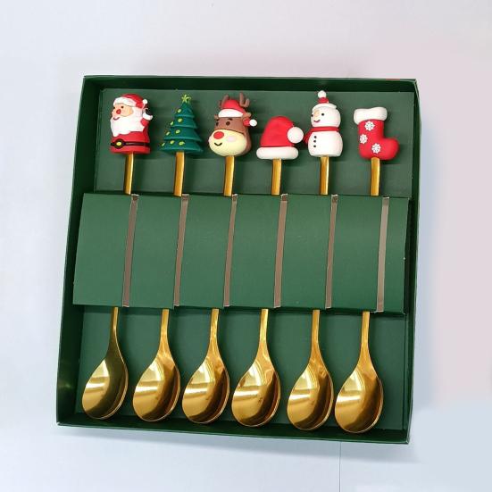 Nerezová vánoční sada lžiček s motivem stromku, Santa Clause a hvězdy, lžičky na míchání kávy, slavnostní kuchyňské náčiní s dárkovou krabičkou