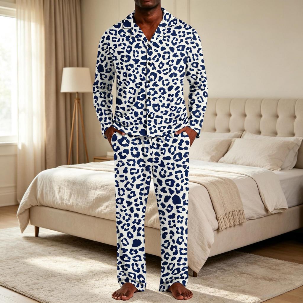 Pigiama Casual da Uomo a 2 Pezzi con Stampa Leopardo, Top con Bottoni e Vestibilità Larga, Pantaloni a Gamba Dritta