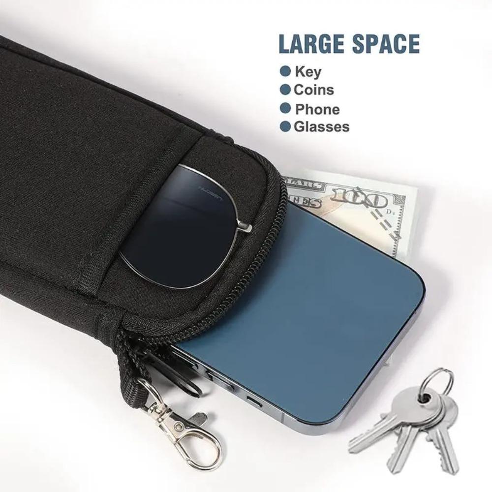 Soft Portable Glasses Case with Carabiner Multi functional Zipper Eyeglass Pouch Durable Double Pocket Phone Shell Bag