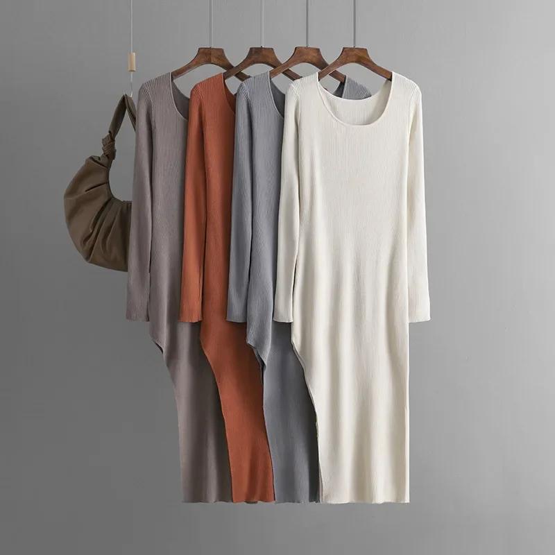 Elegant Split Knitted Dress Autumn New Solid Color Slim-fit Vented Long Dress Women Tight Base Hip Irregular Dress 2026 Vestidos