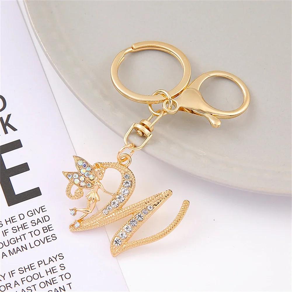 A-Z Rhinestone Elf Girl Letter Keychain Gold Color Initial Name Keyrings Girls Car Key Holder Handbag Purse Charms Decoration