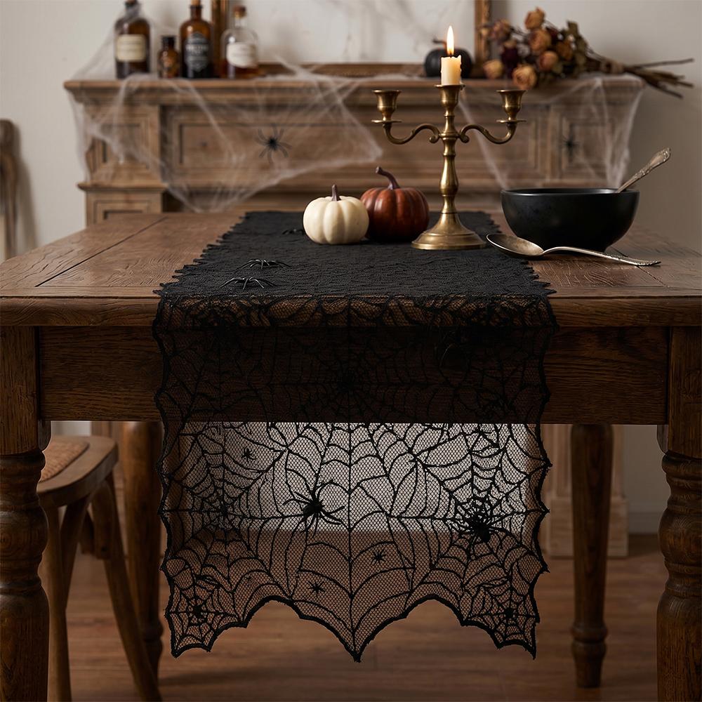 Halloween Black Lace Spider Web Table Runner Fireplace Mantel Scarf Cover Cobweb Tablecloth Scary Event Party Decorations Supply