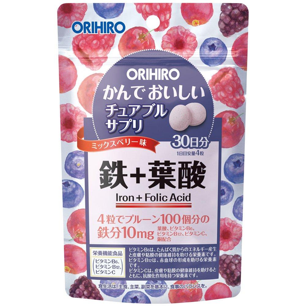 ORIHIRO Chewable Iron + Folic Acid Supplement, 120 Tablets - Tasty & Easy To Consume Vitamins