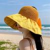 Sun Hat with Bow Design Foldable Breathable Hollow Woven Large Brim Jacquard Fabric UV Protection Face Slimming Summer Travel Hat