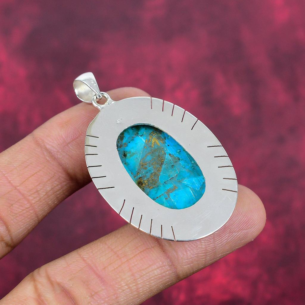 Blue Copper Turquoise Gemstone Pendant Handmade Jewelry, Brand New 925 Sterling Silver Jewelry Gift For Wife