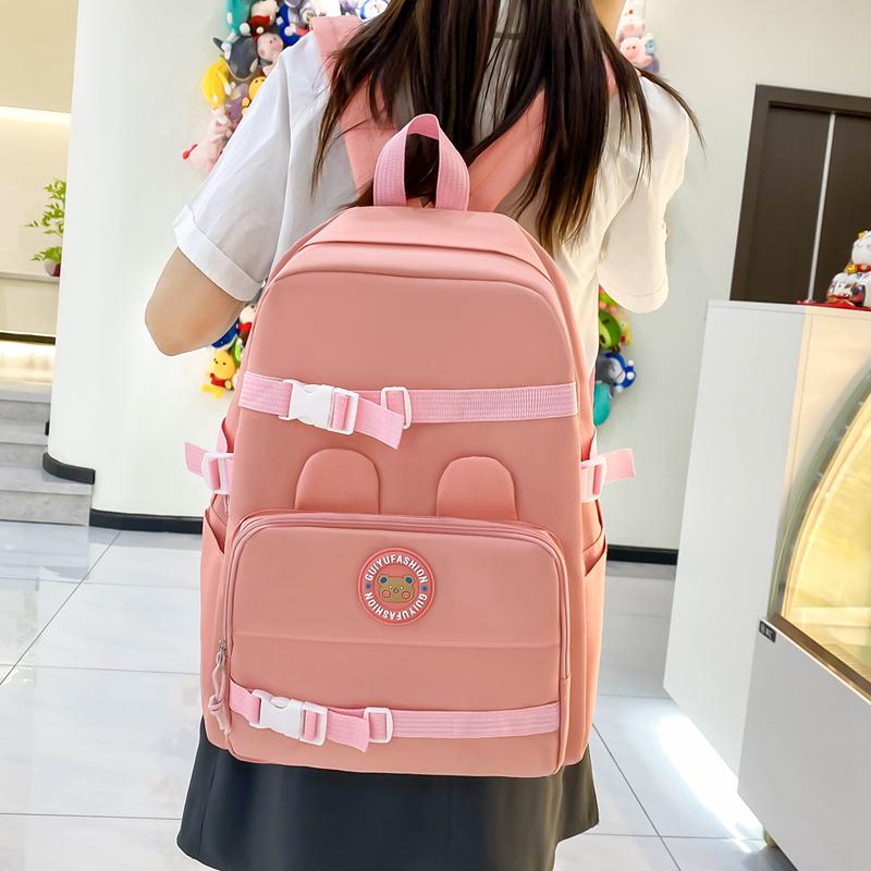 Elementary Solid Color School Bag Girls Large Capacity Canvas Backpack Set College Style Backpack