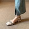 Sheepskin version~ literary and retro woven hollow low-heeled bag head shoes women's French one-word buckle outer wear leather sandals
