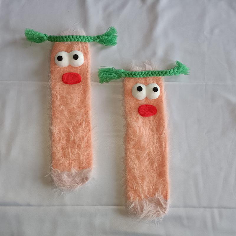 A pair of ugly cute funny socks women's medium tube socks autumn and winter floor sleeping socks coral fleece home hair fluffy c