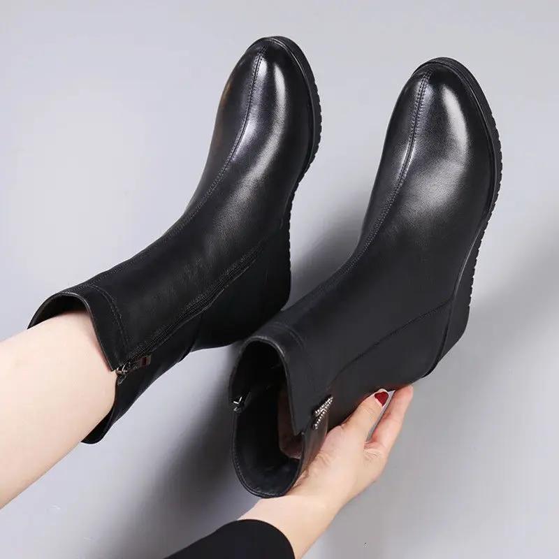 Fashion Winter Wedge Heel Round Toe Leather Mid Calf Shoes Woman Waterproof on Offer 2025 Novelty Sale Goth Pu Half High Boots for Women