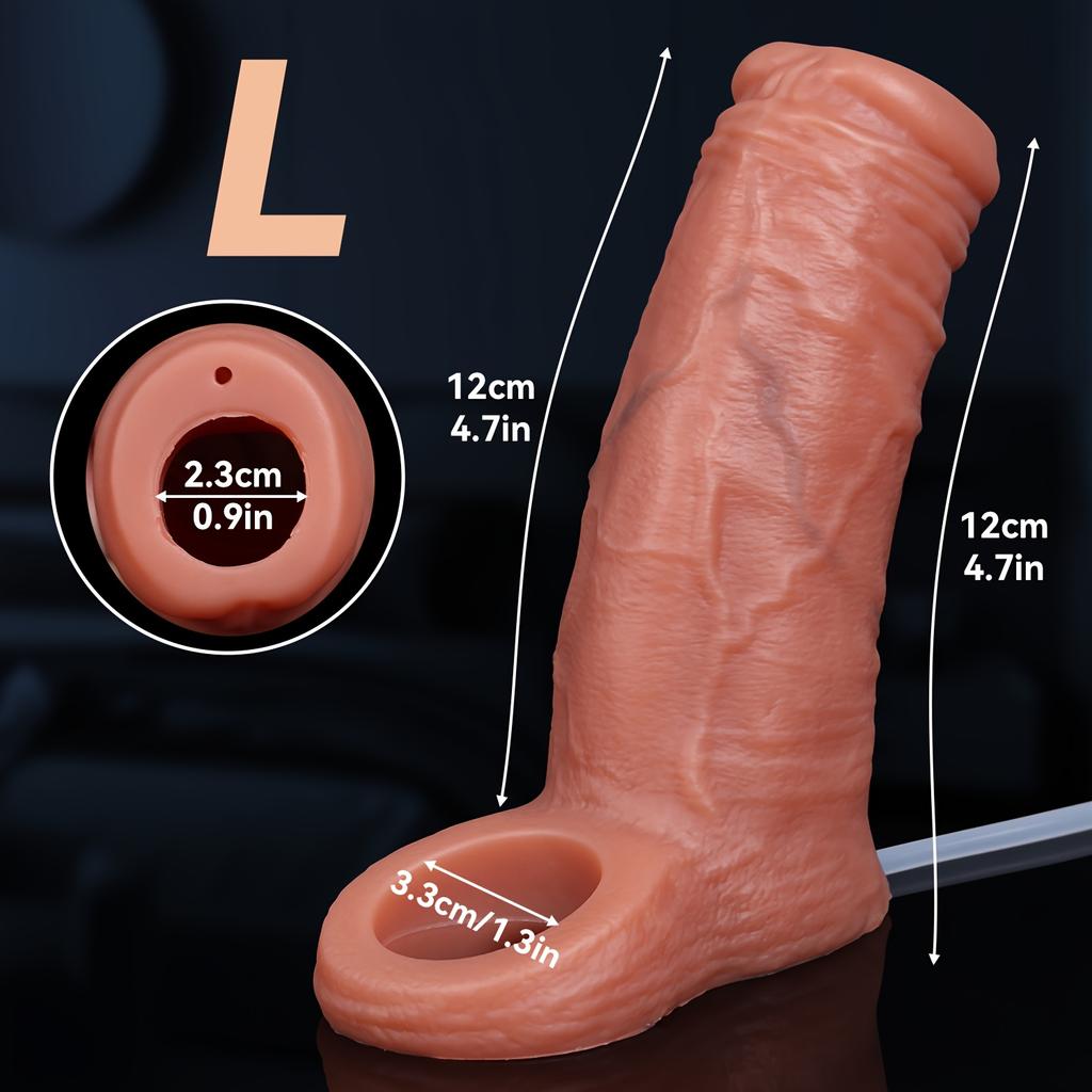 Realistic Silicone Penis Sleeve, Squirting Design with Open Head & Testicle Ring,Reusable Soft Male Sleeve, Liquid Release Function, Adult Toy for Men