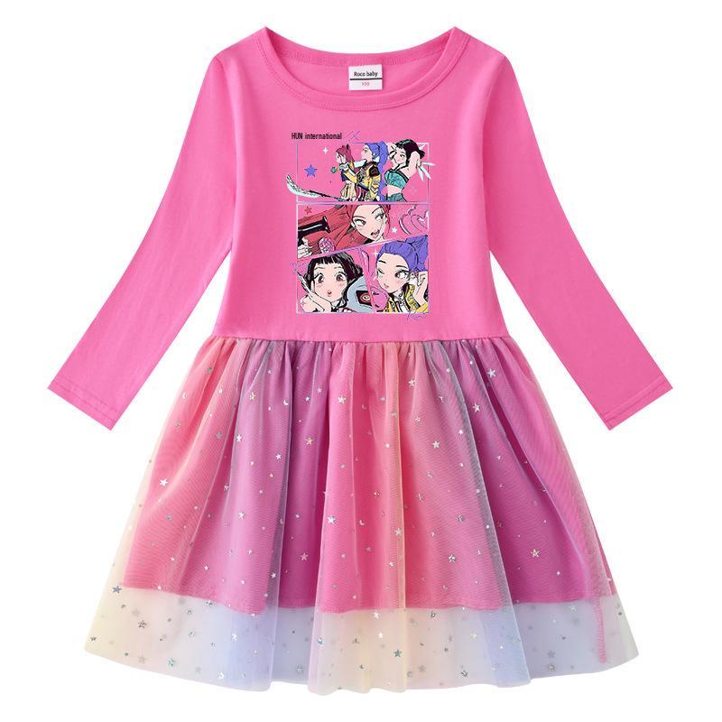 Vestido de Princesa Kpop Demon Slayer para Niñas con Lentejuelas Arcoíris y Malla, con Mangas Largas y Cortas para Primavera, Verano y Otoño.