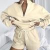 New Autumn-Winter Pure Color Stand Collar Zipper Pullover with Long Sleeves and Shorts: Women's Fashion Set