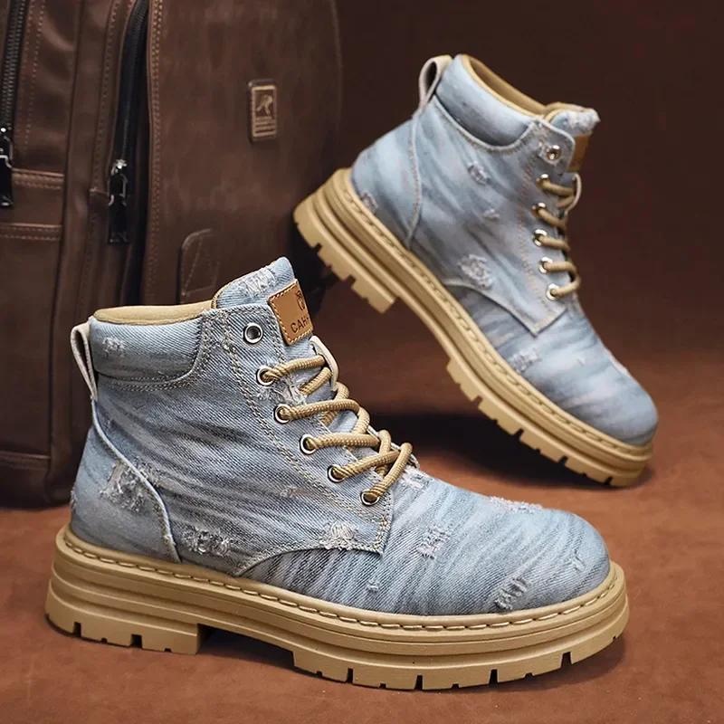 Shoes for Men Outdoor Male Booties Denim Boots Motorcycle Ankle Boots Fashionable Casual Retro British Style Work Boots  New